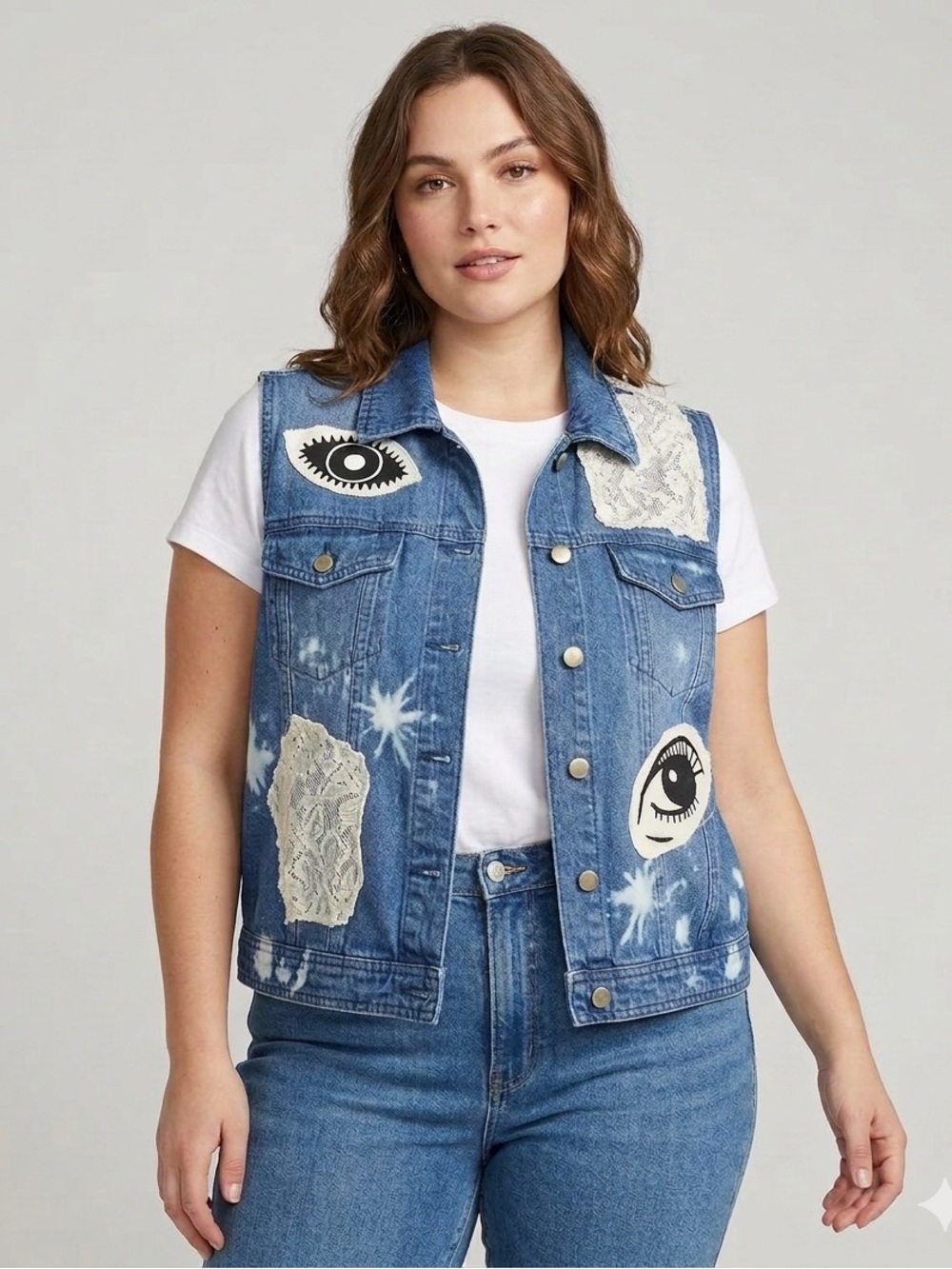 Embellished Blue Denim Vest with Eye Patches